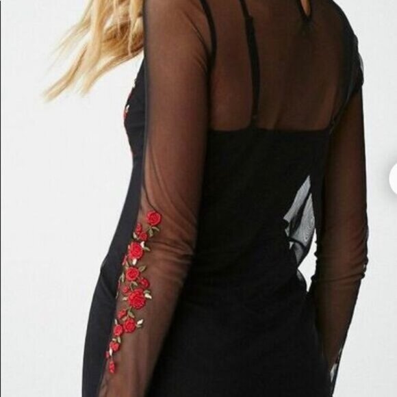 Forever 21 Black Mesh Long Sleeve Floral Embroidered Mini Dress -M - Picture 3 of 10